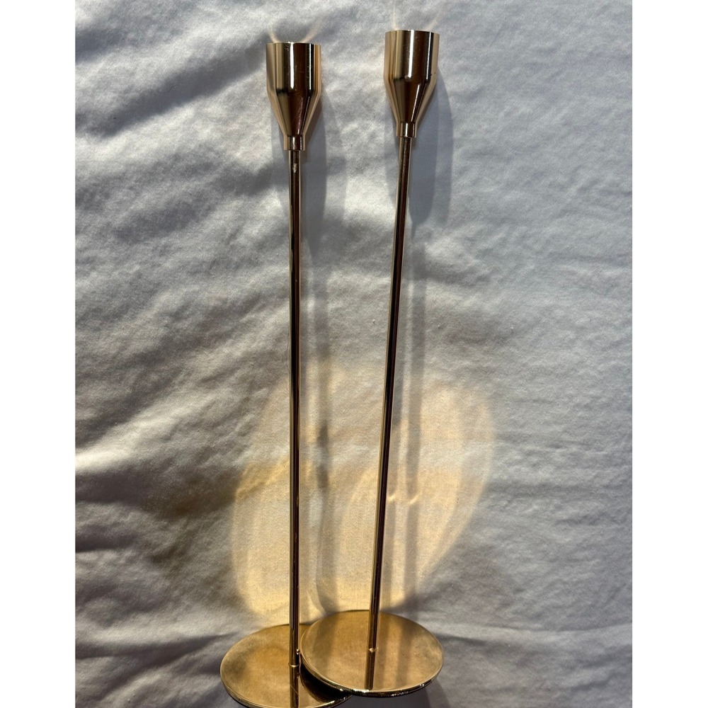 Gold Taper Candlestick Holders Set of 2 Minimalist Modern Table Decor Tall Slim